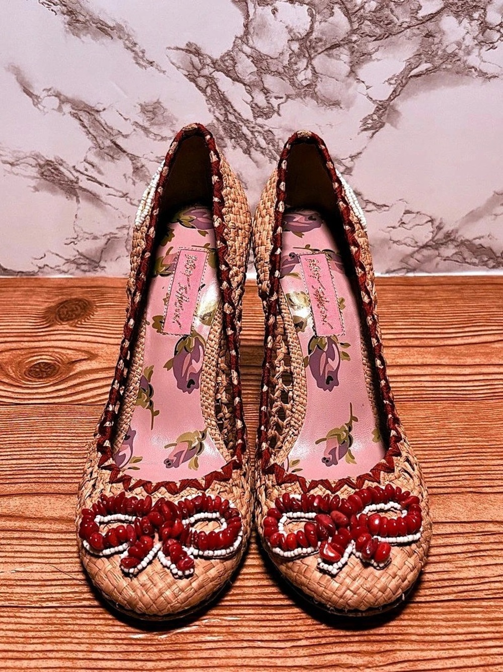 Rare Vintage Betsey Johnson Woven Straw Beaded Bow Heels